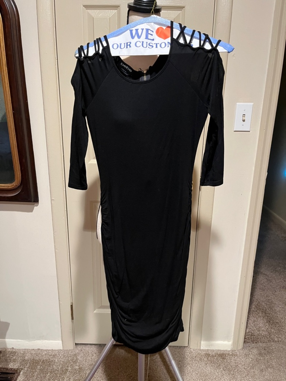 Black Cold-Shoulder Midi Dress with Strappy Detail